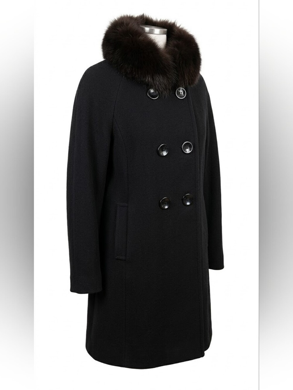1 Madison Wool Cashmere Coat Womens Fur Trim Button Up Peacoat Classic Black